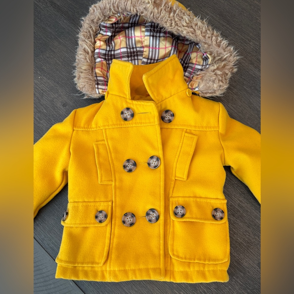 Dollhouse Girls' Yellow Pea Coat with Faux‎ Fur Hood 2T